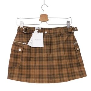 NWT With Jean Hunter Plaid Mini Skirt Brown Size S Cargo Zip Pockets